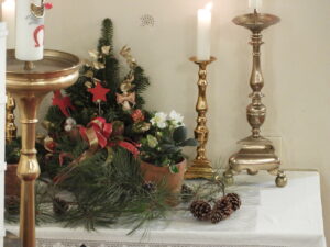 DSCN2656 Arrangement aus goldenen Kernzenleuchtern mit weißen Kerzen und einem Föhrengesteck und Blumenstock im Pechhäferl mit Föhrenzapfen davor